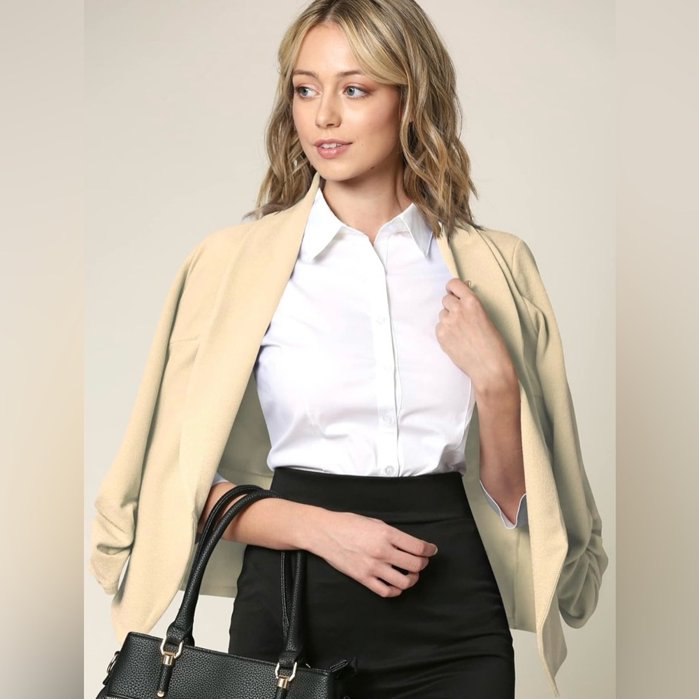3/4 Sleeve Blazer Open Front Cardigan Jacket Work Office Blazer -cream - Picture 5 of 6